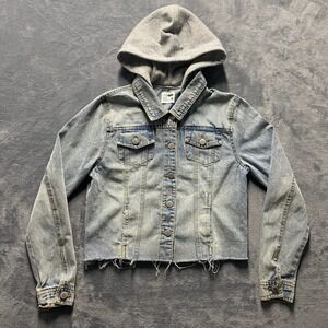 Cisono Denim Collection Hooded‎ Jean Jacket Womens Medium Wash Cropped Raw Hem